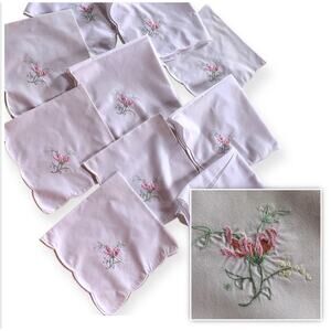 Set of 10 Vintage White Pink Embroidered Floral Fabric Napkins Scalloped Edge